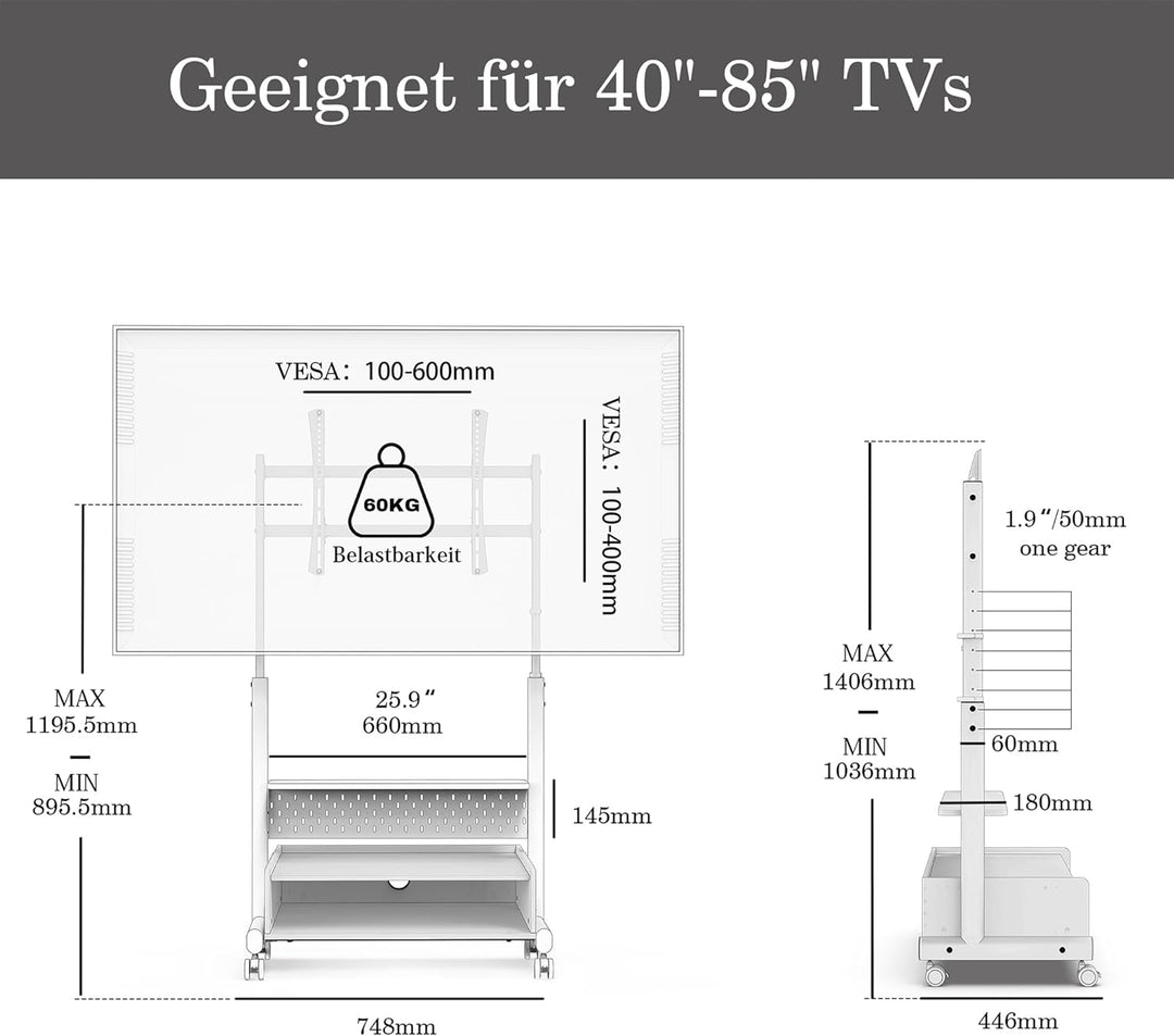 FITUEYES TV Ständer Rollbar Fernsehständer mit Rollen Bodenständer TV Rollwagen für 40-85 Zoll Ferns