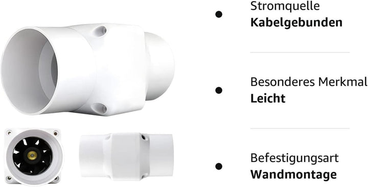 Rohrventilator 2'' Kanalventilator Klein Abluftventilator Badlüfter Mischdurchfluss Rohrlüfter für B