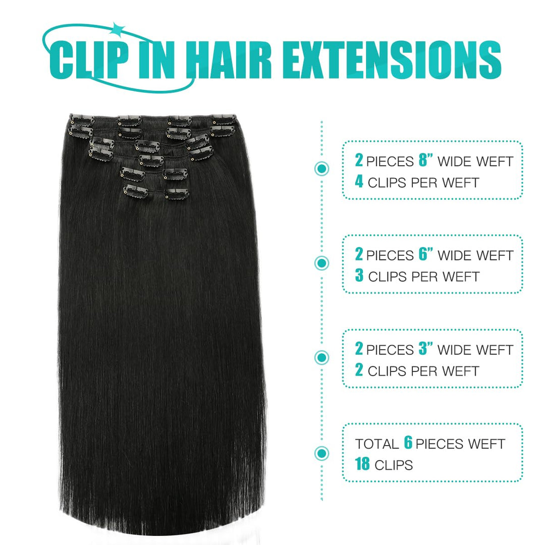 SURNEL Clip in Extensions Echthaar Glatt Remy Clip in Echthaar 100g 35cm 6 Stück 14Zoll Jet Schwarz