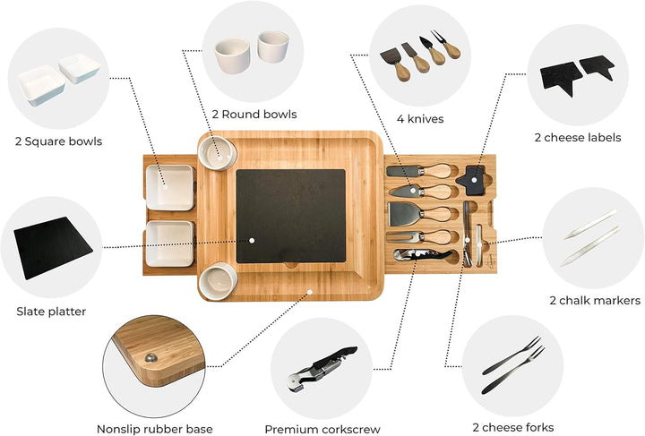 Bambus Käsebrett und Messer-Set Keramik-Schalen Weinöffner – 100% Bio-Holz Serviertablett Charcuteri