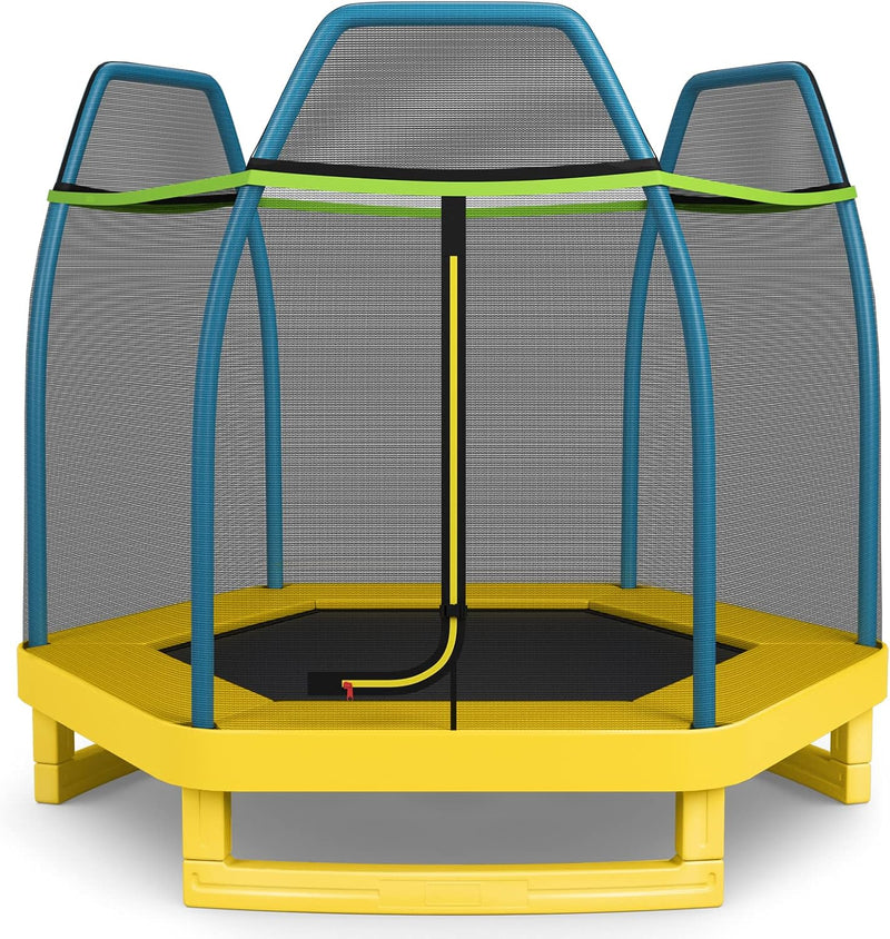 KOMFOTTEU Ø 223 cm Trampolin, sechseckiges Kindertrampolin mit Sicherheitsnetz, Gartentrampolin bis