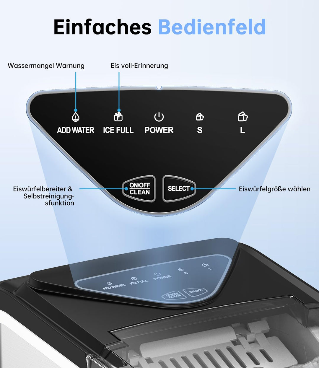 WIE Eiswürfelmaschine, 15KG Eiswürfelbereiter Ice Maker, 9 Würfel in 6 Min, Eiswürfelmaschinen mit T