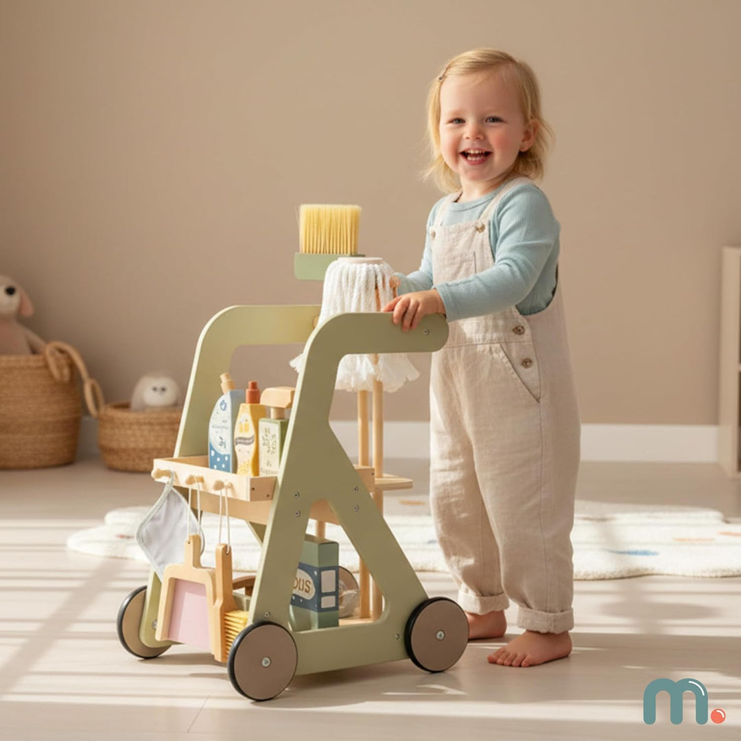 Mamabrum Holz Reinigungswagen für Kinder mit Rollenzubehör Set 11 tlg. Push-Bildspielzeug Rollenspie