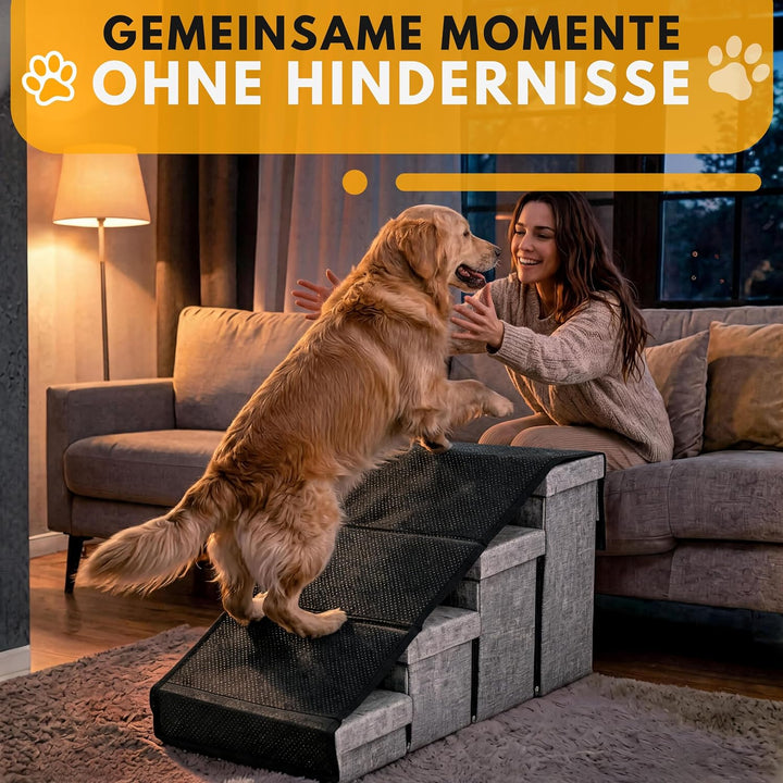 Hundetreppe mit 4 Aufbewahrungsboxen | mit Rampenfunktion | Faltbare Haustier rutschfeste Sicherheit