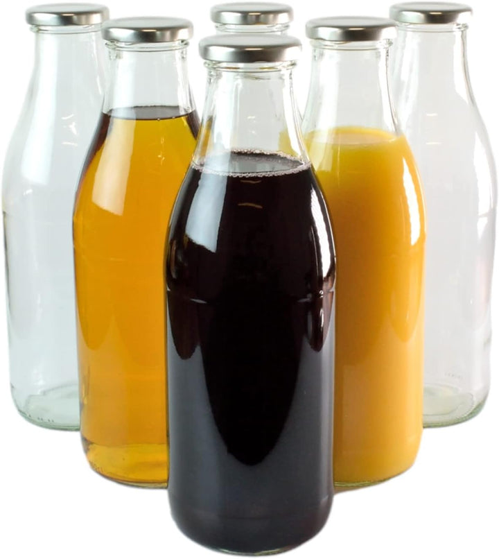 gouveo 20er Set Saftflasche 1000 ml mit Schraub-Deckel silberfarben - Grosse Glasflasche 1 Liter mit
