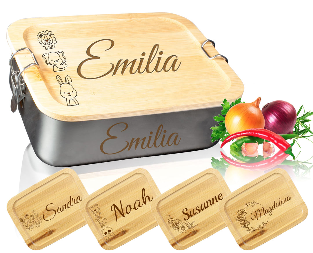 Personalisierte Edelstahl Lunchbox mit Gravur - 1200 ml - Lunchbox mit Name, Bento Box für Kinder, E