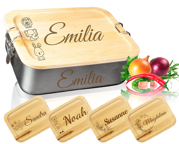 Personalisierte Edelstahl Lunchbox mit Gravur - 1200 ml - Lunchbox mit Name, Bento Box für Kinder, E