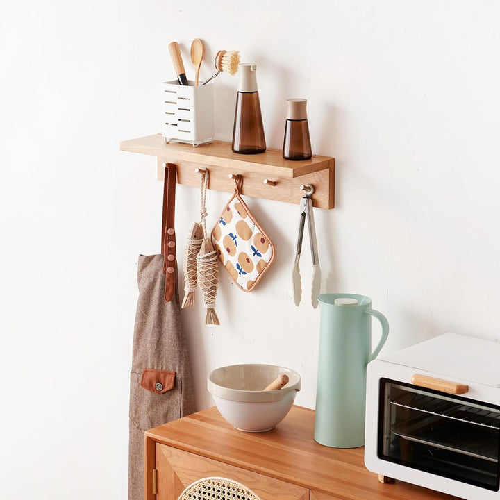 Garderobenleiste Holz 50cm, Garderobenhaken mit 5 Haken Wandgarderobe mit Ablage Schlüsselbrett mit