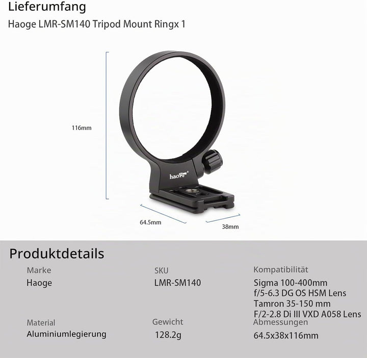 Haoge LMR-SM140 Objektivstativfuss für Sigma 100–400 mm f/5–6,3 DG OS HSM Zeitgenössisches Objektiv