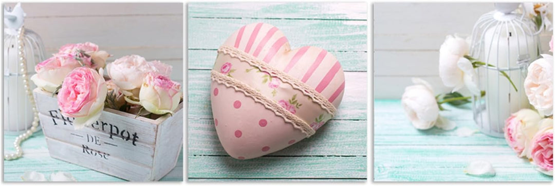 Feeby Bilder 3 Teile Rosa Herz Blumen 120x40 cm Wohnzimmer Schlafzimmer Büro Flur Küche Wandbilder M