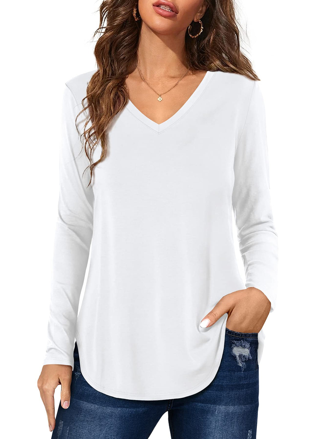Florboom Tunika Damen Langarm/Kurzarm V Ausschnitt Oberteil Shirts Basic Casual Longshirt S A-weiss,