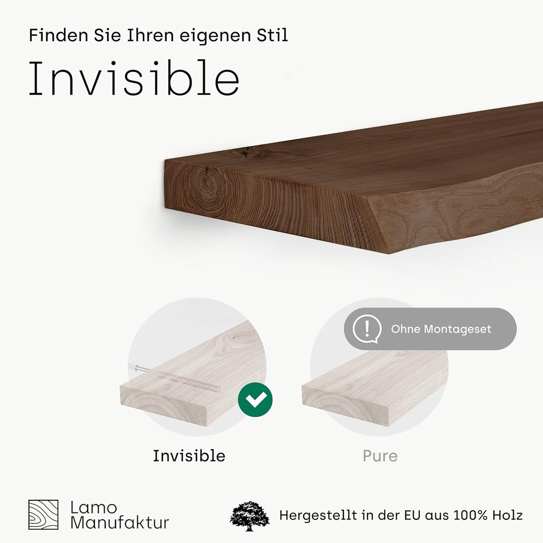 LAMO Manufaktur Wandregal Holz Baumkante | Regal Farbe: Nussbaum | Invisible: Schweberegal | 90 cm I