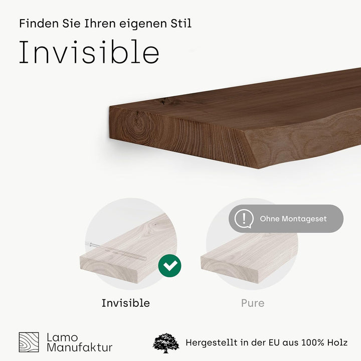 LAMO Manufaktur Wandregal Holz Baumkante | Regal Farbe: Nussbaum | Invisible: Schweberegal | 90 cm I