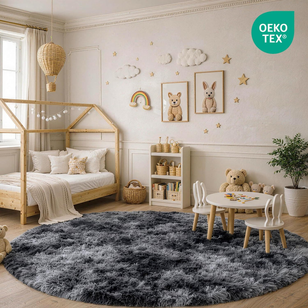 Teppich Rund Kinderzimmer 100 cm Dunkelgrau Schlafzimmer Hochflor-Teppich Waschbarer Buro Weicher Fl