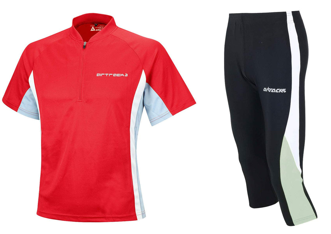 Airtracks Funktions Laufset Laufhose 3/4 Lang + Laufshirt Kurzarm/Atmungsaktiv/Schnelltrocknend Rot