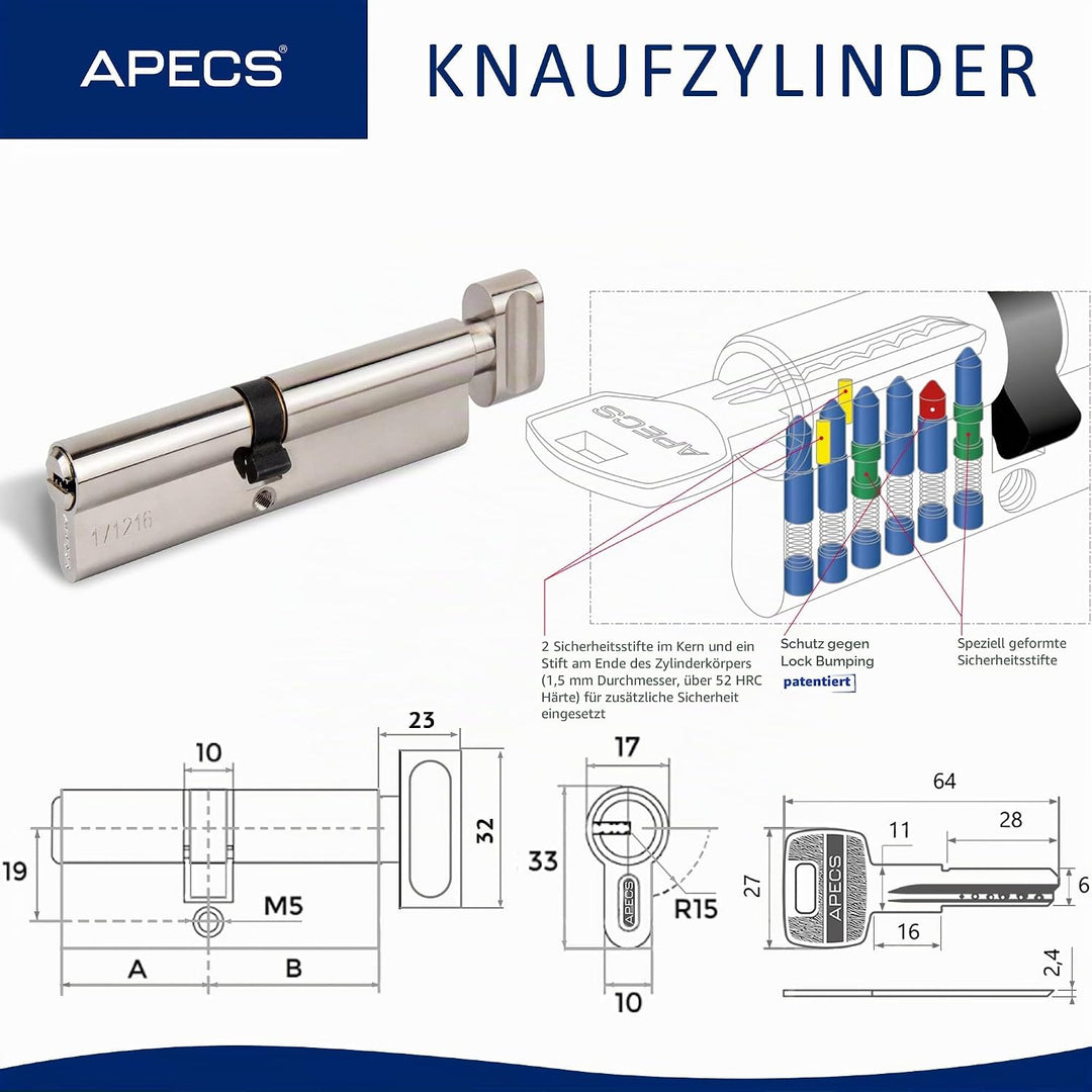 Knaufzylinder APECS Schliesszylinder mit Knauf Zylinderschloss 60 (30C/30) mm fur Türschloss Haustür