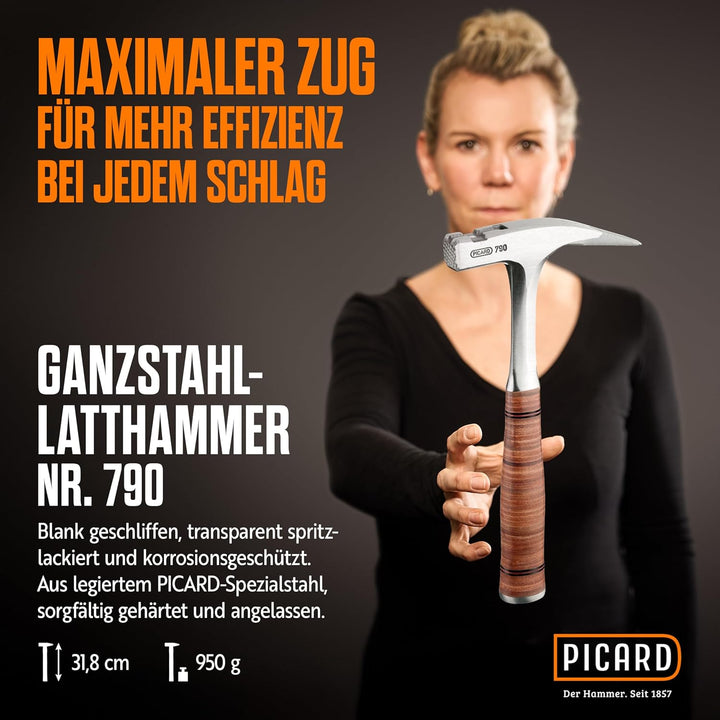 PICARD Ganzstahl-Latthammer Nr. 790 geraut | Magnetischer Nagelhalter | Ledergriff aus verwindungssi