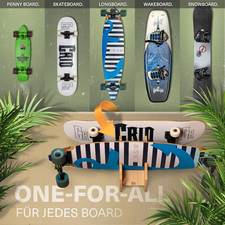 CRID Doppel Skateboard Wandhalterung aus Bambus - Universal Halterung für Skateboard, Longboard, Sno