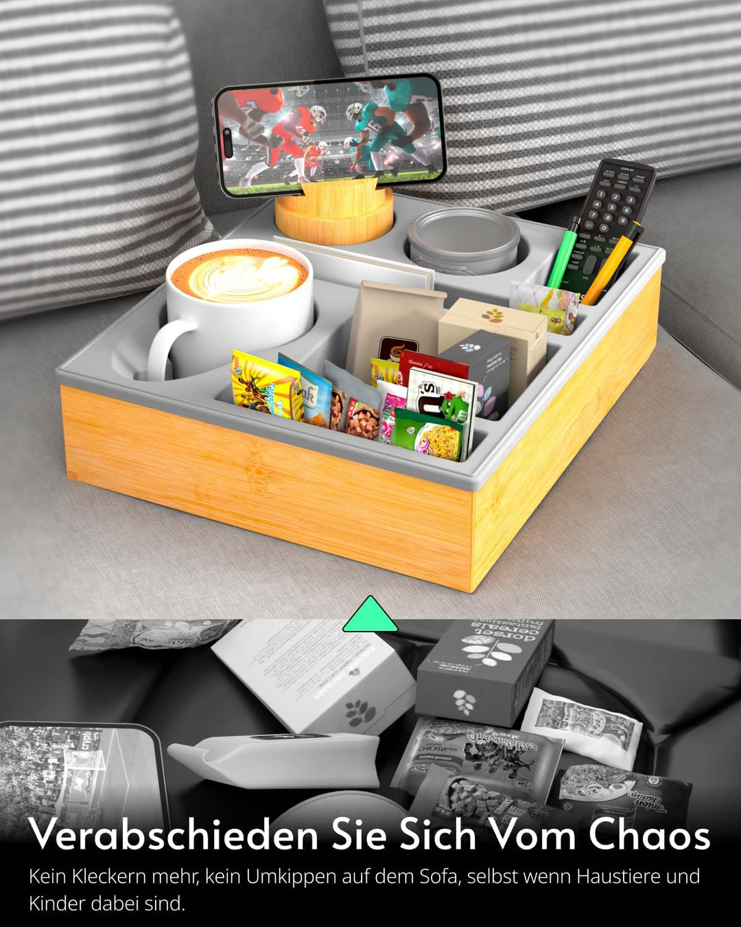 Couchbar Snackbox Silikon sofatablett mit 360 Grad Drehbar Handyhalter beistelltisch mit Holz Sofata