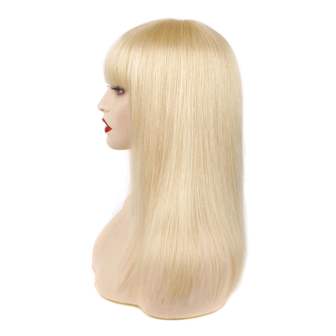 Huarisi 14 inches Blonde Straight Wigs with Bangs, 613 Human Hair Wigs Bob None Lace, 10a Bob Wigs f