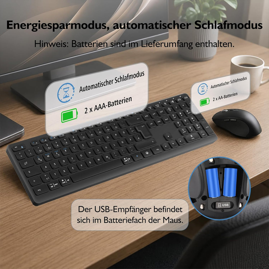 M9300 Kabelloses Tastatur Maus Combo, 2-in-1 USB Empfänger und Zwei Bluetooth, 18-Monate Batterielau