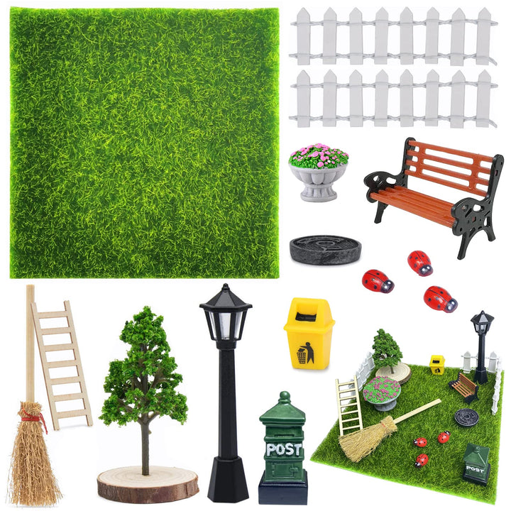 15 Stück Miniatur Garten Zubehör，Kunstrasen Miniaturgarten，Zubehör mit Miniatur Kunstrasen, Zaun, Ba