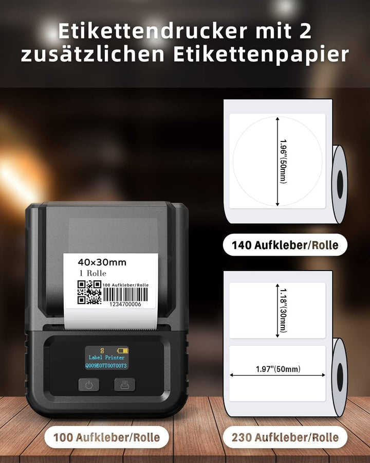 Phomemo M120 Etikettendrucker mit 3 Rollen Etikettenpapier, Bluetooth Thermo Beschriftungsgerät,Trag