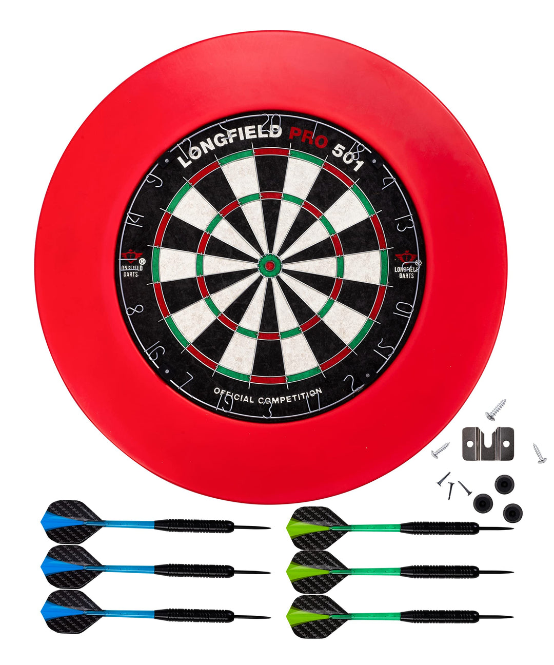 Engelhart - Dartscheiben-Set: Sisal-Dartscheibe, Surround-Ring, 6 Pfeile Rot, Rot
