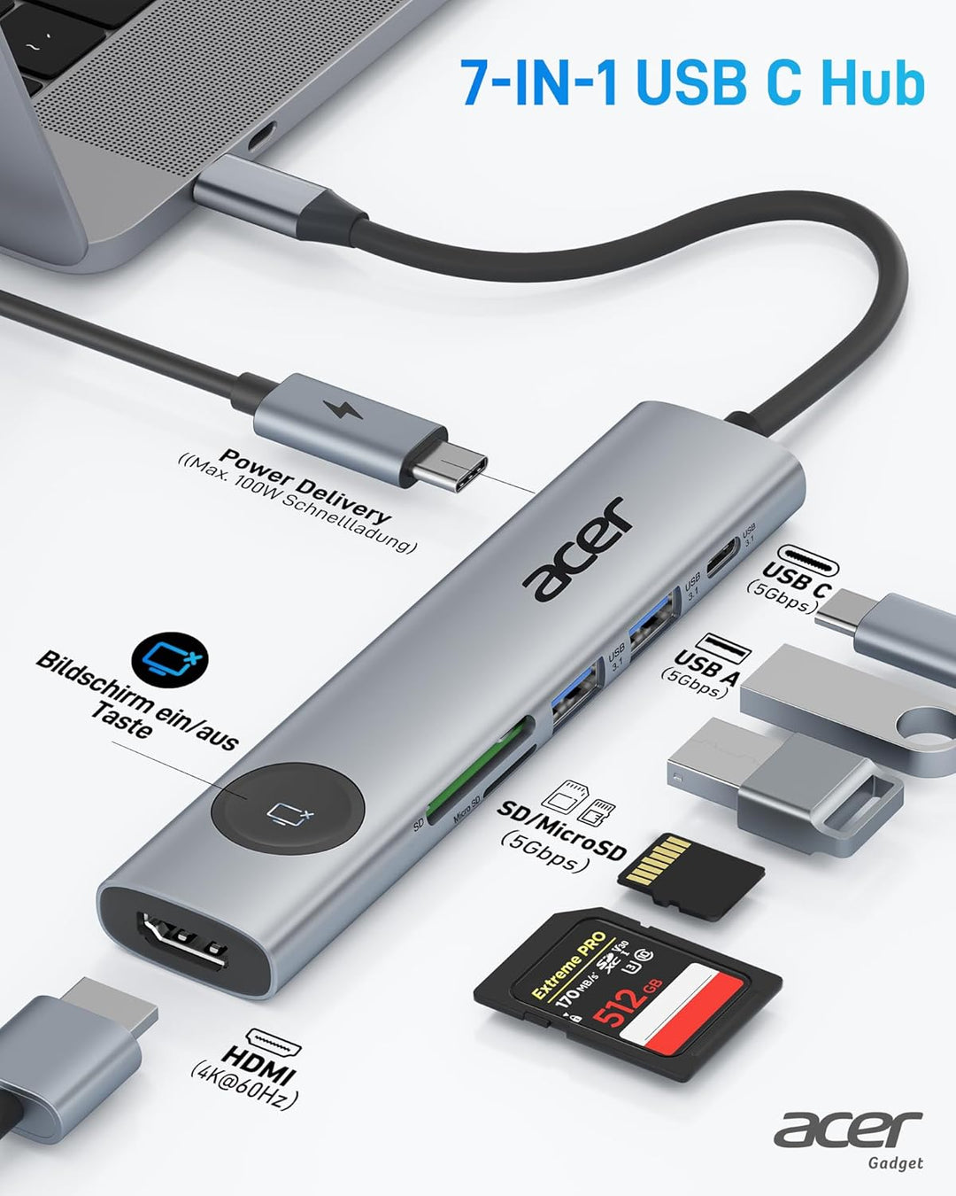 acer USB C Hub 7 in 1, 4K@60Hz HDMI Adaptermit PD 100W, 2X USB 3.0, Kartenleser und Bildschirmsteuer