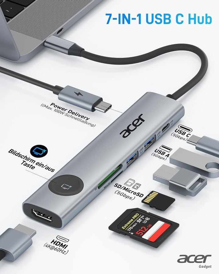 acer USB C Hub 7 in 1, 4K@60Hz HDMI Adaptermit PD 100W, 2X USB 3.0, Kartenleser und Bildschirmsteuer