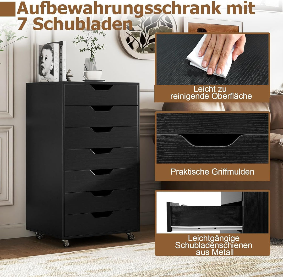 COSTWAY Rollcontainer mit 7 Schubladen, mobiler Aktenschrank mit Rädern, Bürocontainer Schubladensch