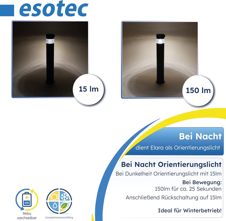 esotec Solar Pollerleuchte Standleuchte aussen PIR Elara 50, ortsfeste Montage oder Erdspiess, anthr