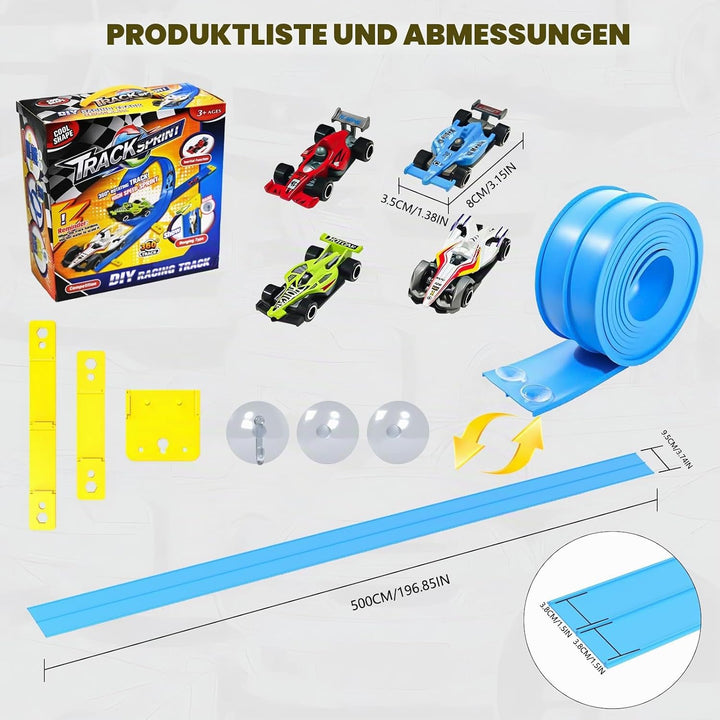 Doloowee 5M Geschwindigkeitsstrecke Rennstrecke, Flexible Rennbahn mit Saugnäpfen, DIY-Autobahn mit