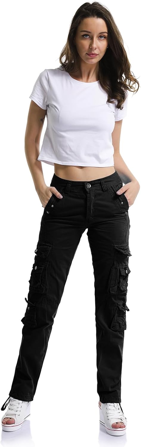 Aeslech Cargo Trousers Women, Women's Work Combat Trousers, Straight Leg Pants with Pockets for Ladi