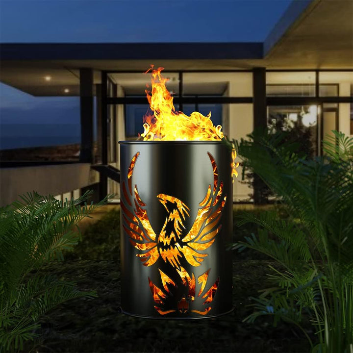 Feuertonne mit Phönix Motiv - Gefertigt aus neuem Ölfass - Besondere Feuerstelle für Garten und Terr