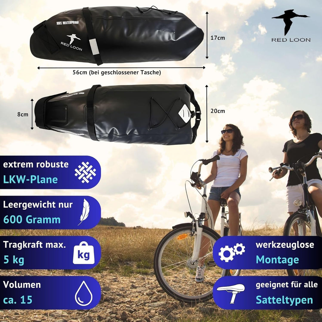 Red Loon Fahrrad Satteltasche Fahrradsitz Tasche Backloader Bike Packing - schwarz 15Ltr - wasserdic