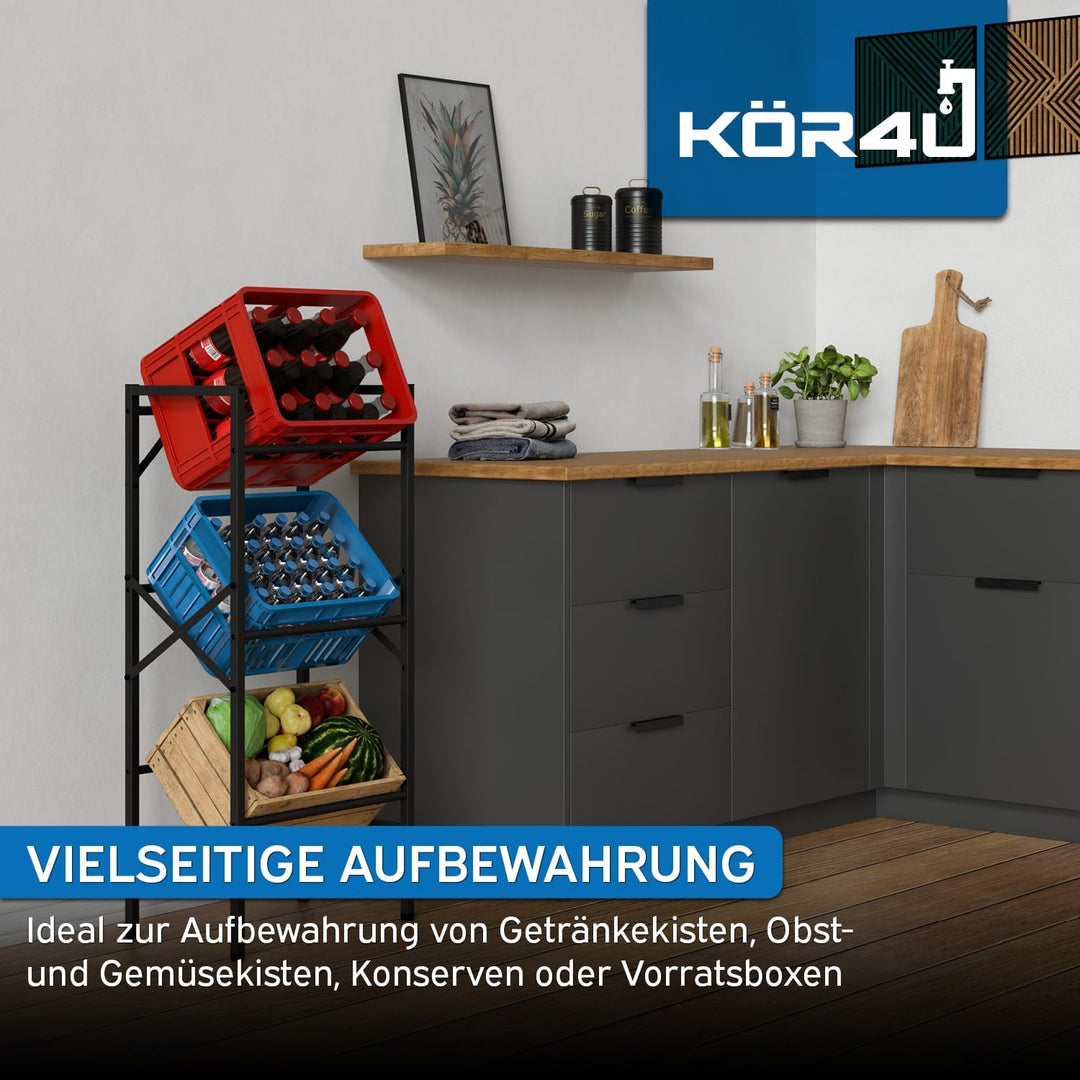 kör4u Getränkekistenregal Schwarz für 3 Kisten - Robustes Stahlregal mit 450 kg Tragkraft - Platzspa
