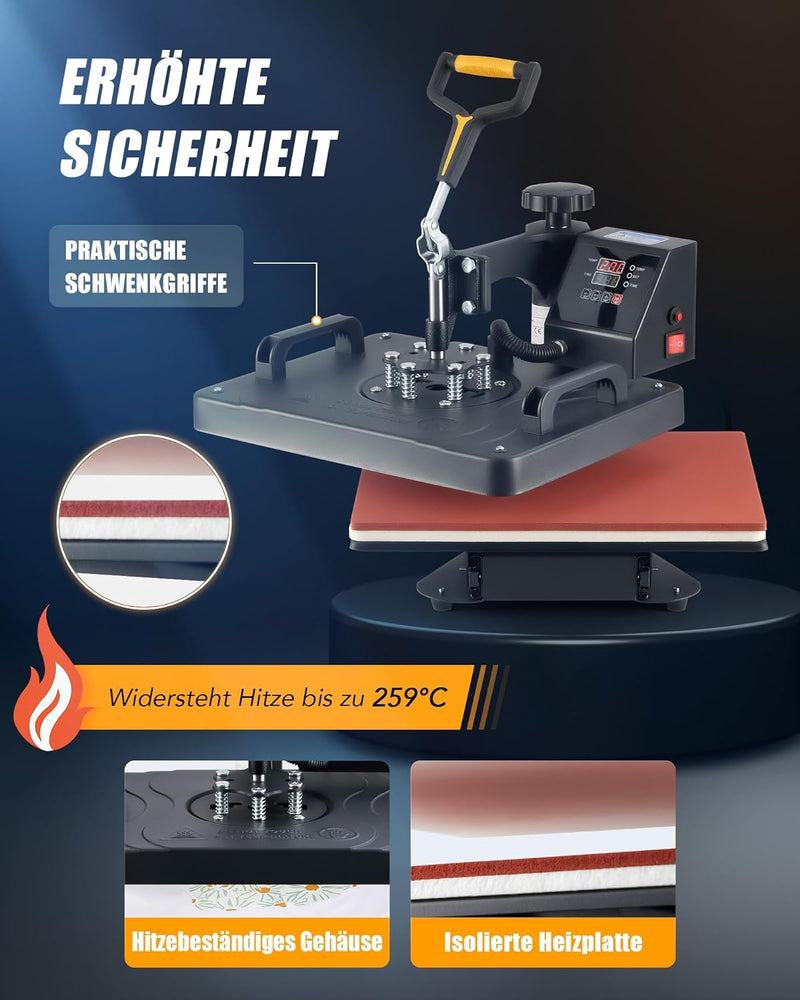 CREWORKS Hitzepresse Transferpresse 1250W Heat Press Heisspresse 360 Grad Schwenkbar DIY Mulitifunkt