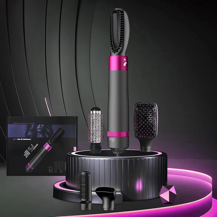 5-in-1 Lockenstäbe Lockenbürste Set, Warmluftbürste Rotierend mit Lockenstab, Set Haartrockner Hairs
