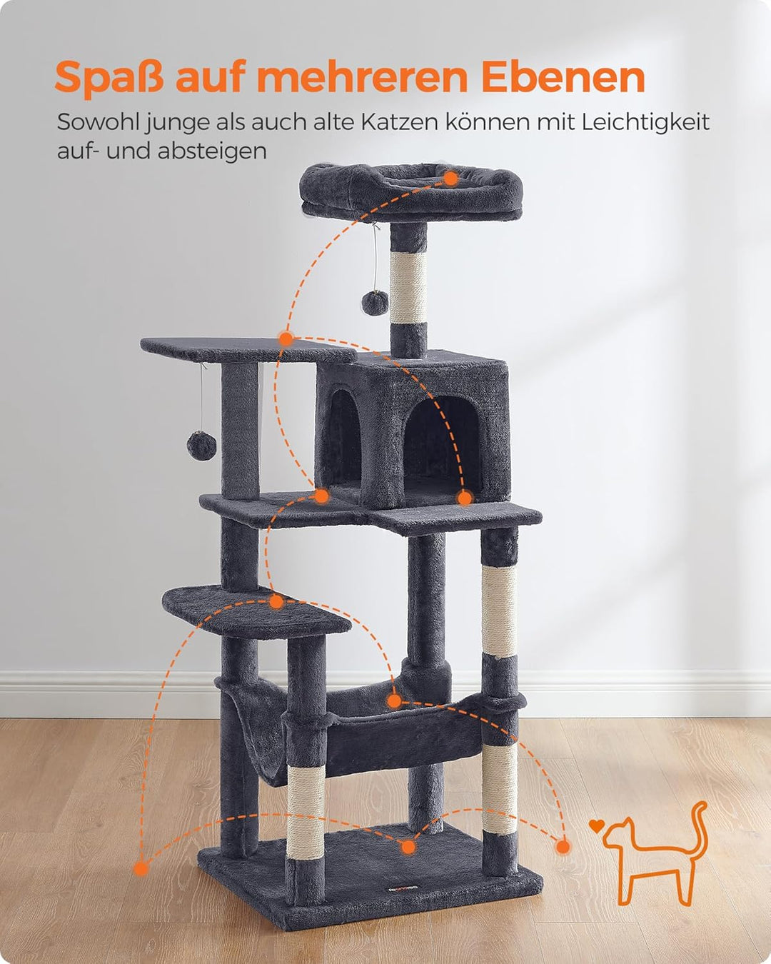 Feandrea Kratzbaum, 143 cm hoch, Katzenbaum, mehrstöckige Katzenhaus, mit 4 Kratzsäulen, 2 Plattform