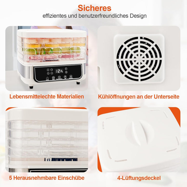 5-Schicht-Lebensmitteltrockner, visueller Lebensmitteltrockner mit 72-Stunden-Timer, 35–70 °C einste
