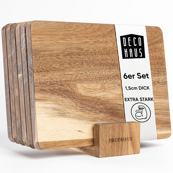 Deco haus Frühstücksbrettchen holz 6er set [1,5cm DICKE] - Schneidebrett holz Klein 23 x 17,5 cm - H