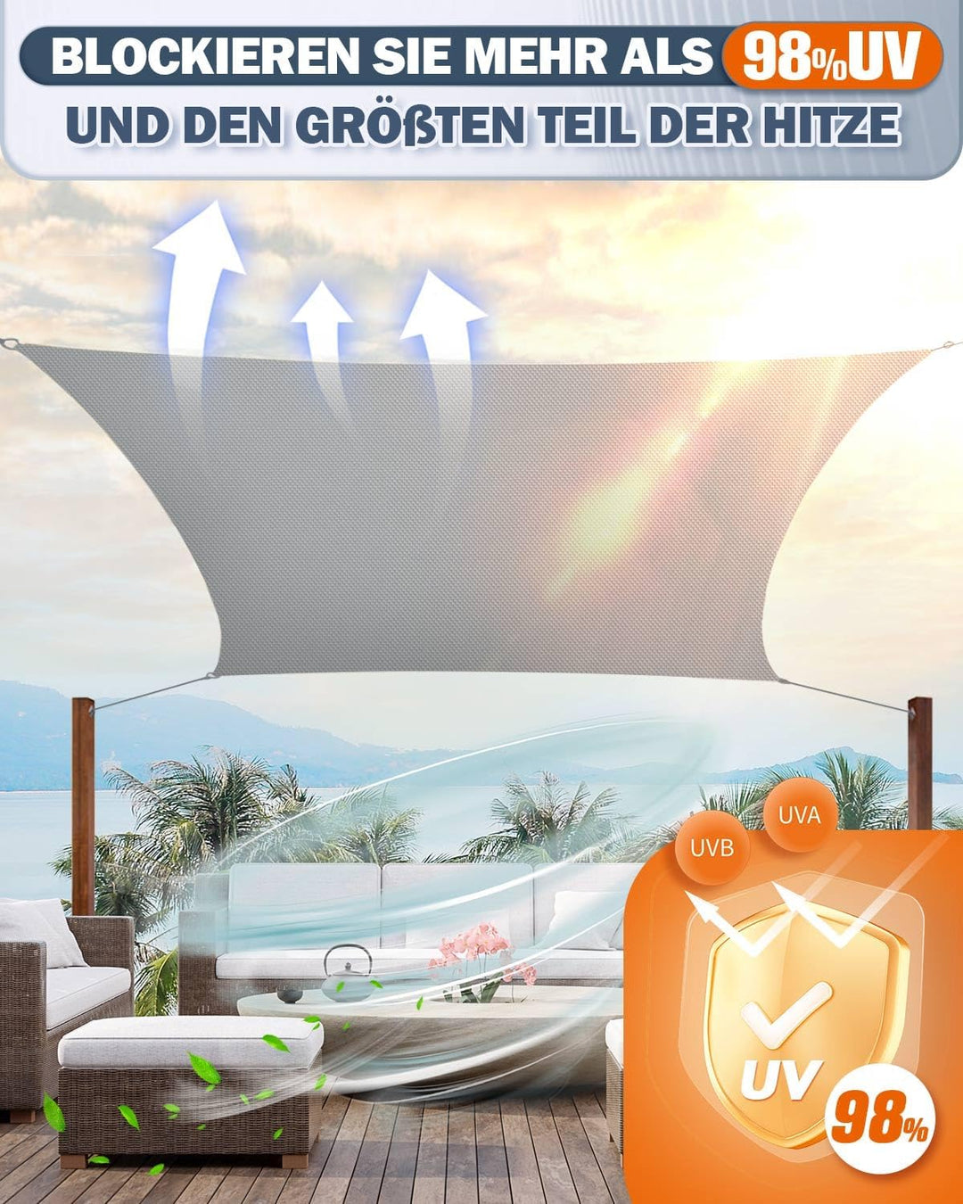 Sonnensegel Wasserdicht 3x4m, HDPE 98% UV Atmungsaktiv, Mit Rostschutz Ösen und 5 * 240cm Befestigun