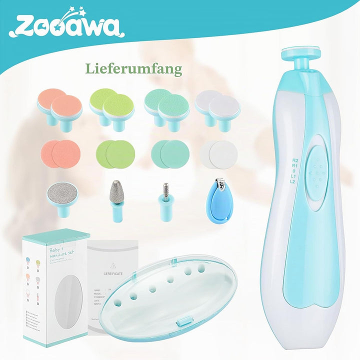 Zooawa Baby Nagelknipser 20 in 1, Elektrischer Baby Nageltrimmer, Nagelfeilen Set mit 12 Ersatzpads,