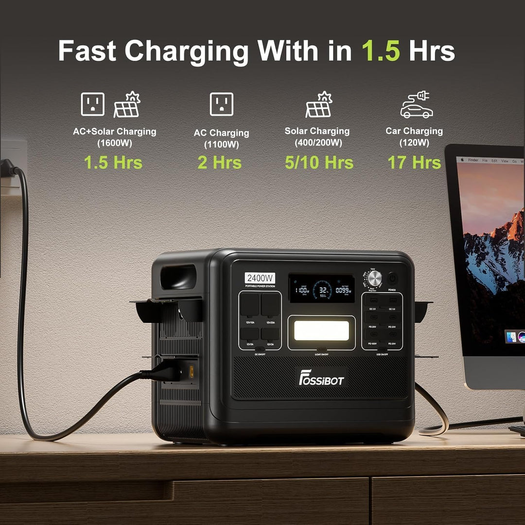 FOSSIBOT F2400 Solargenerator, Tragbare Powerstation 2048Wh LiFePO4 Batterie-Backup mit 2400W AC Aus
