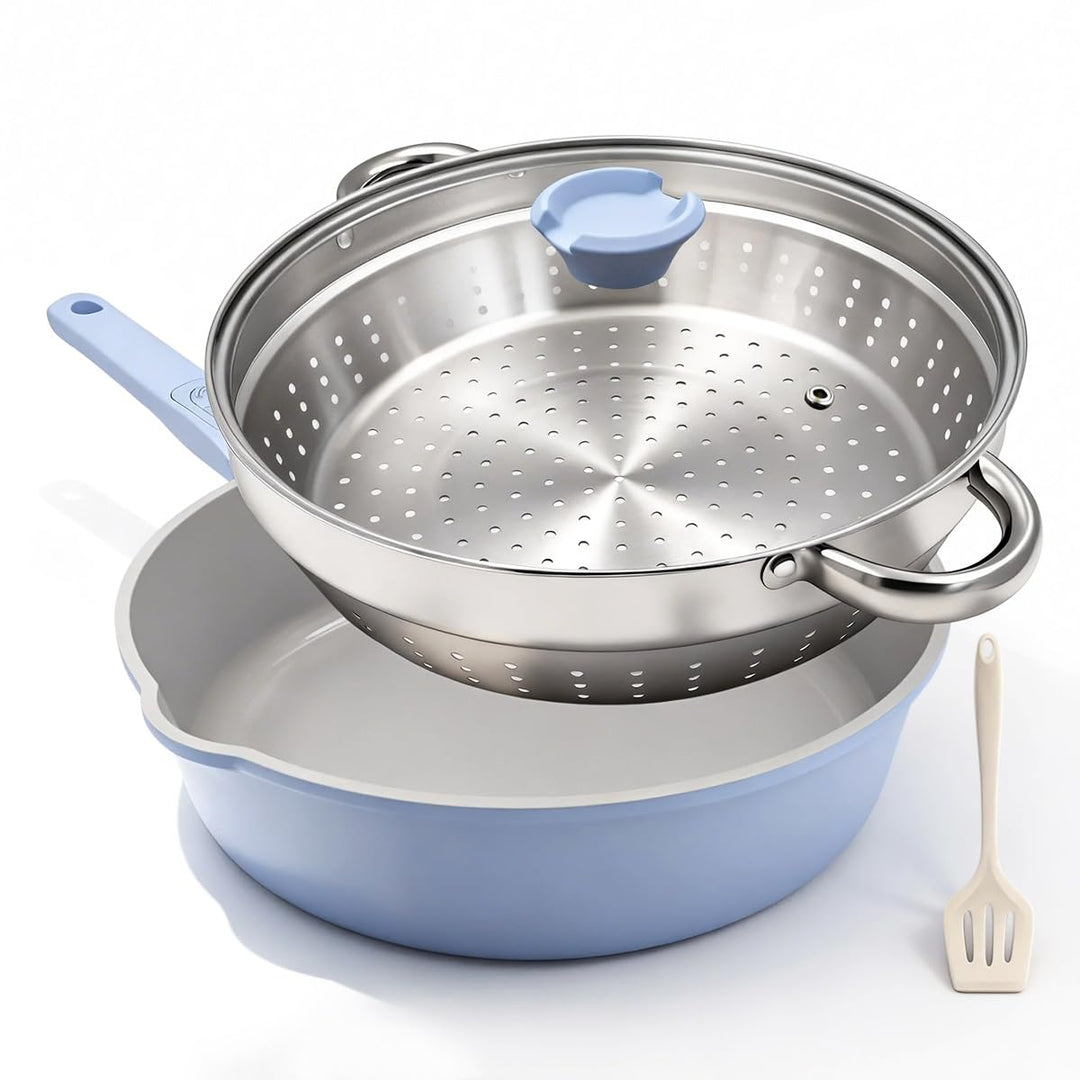AIKENBBKK Keramik Pfanne 28 cm mit Dampfkorb, Antihaft Keramikbeschichtung Bratpfanne 28 cm mit Deck