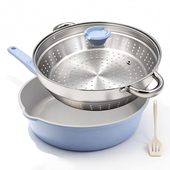 AIKENBBKK Keramik Pfanne 28 cm mit Dampfkorb, Antihaft Keramikbeschichtung Bratpfanne 28 cm mit Deck