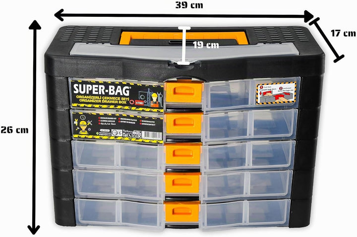 Werkzeugkoffer Kleinteile Organizer 5 Schubladen 390x190x260mm Sortierkasten 26 Innenfächer verstell