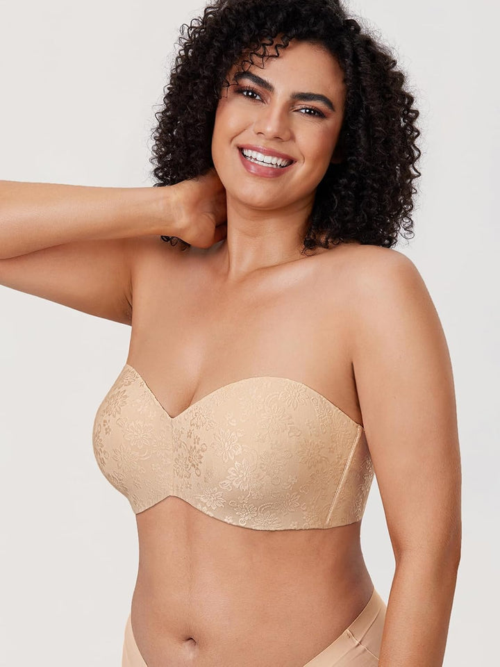 DELIMIRA Damen Trägerloser BH Jacquard mit Bügel ohne Einlagen Grosse Grössen 70B Beige, 70B Beige