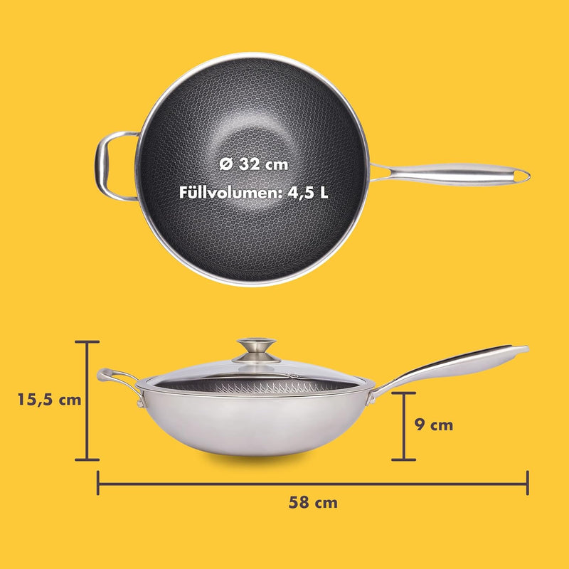 Reishunger Premium Wok aus Edelstahl | 32 cm Durchmesser | Mit Glasdeckel | Für alle Herdarten, Indu